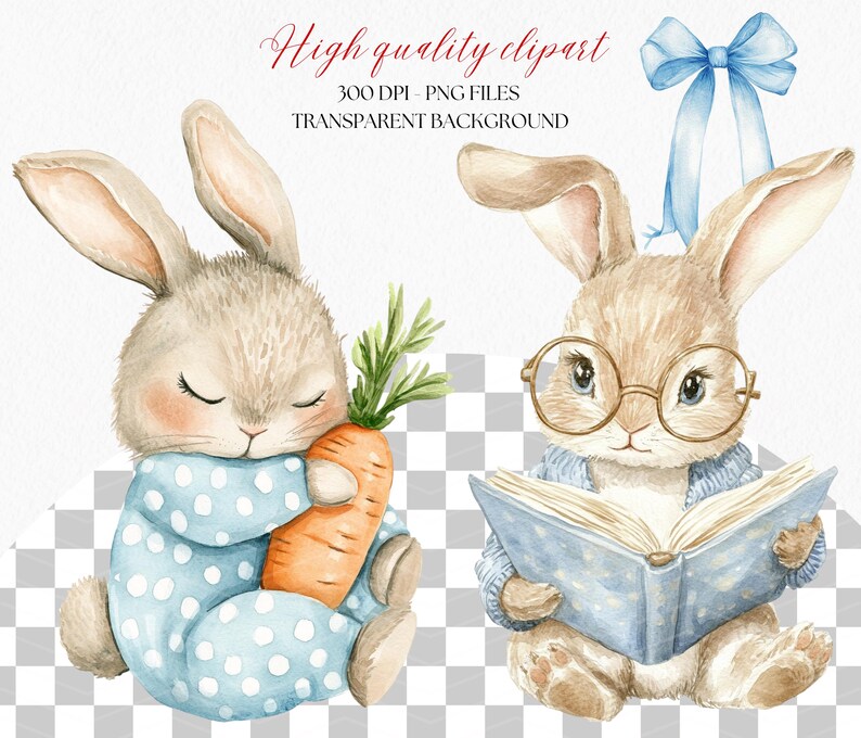 Pu&ograve; includere: Due illustrazioni ad acquerello di conigli. Un coniglio tiene una carota e l'altro indossa gli occhiali e legge un libro.