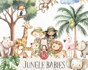 Safari Animals Watercolor Clipart, Jungle Adventure PNG, Safari Nursery Art