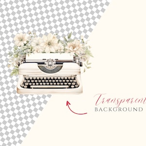 Op de afbeelding: Een vintage witte typemachine met zwarte toetsen en een bloemstuk van witte bloemen en groene bladeren. De achtergrond is een transparant geruit patroon.