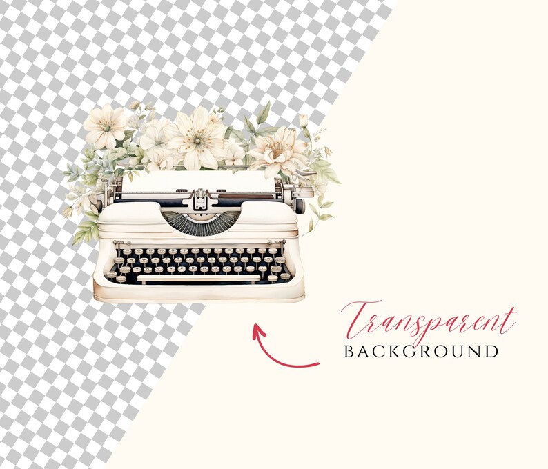 Op de afbeelding: Een vintage witte typemachine met zwarte toetsen en een bloemstuk van witte bloemen en groene bladeren. De achtergrond is een transparant geruit patroon.