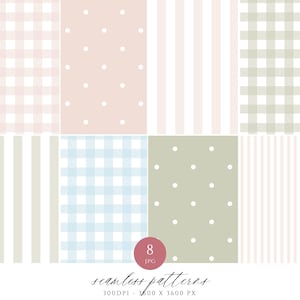 May include: Set of 8 seamless patterns in pink, blue, green, and white. The patterns include gingham, polka dots, and stripes. 300DPI - 3600 x 3600 PX
