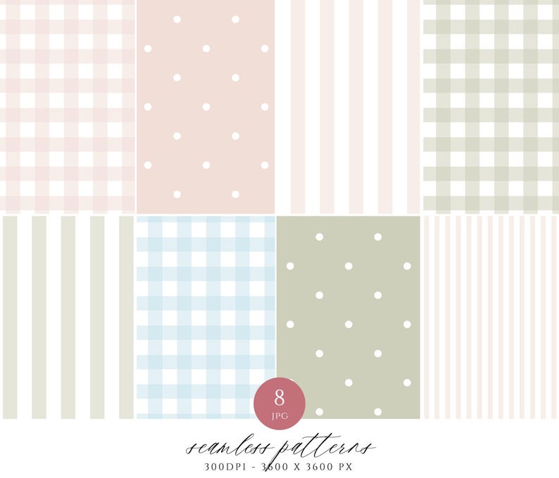 May include: Set of 8 seamless patterns in pink, blue, green, and white. The patterns include gingham, polka dots, and stripes. 300DPI - 3600 x 3600 PX
