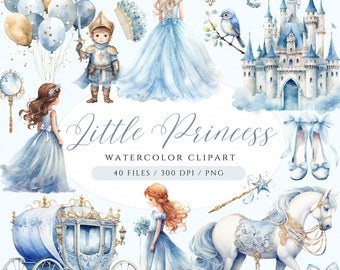 May include: A watercolour clipart set with a princess theme. It includes a castle, carriage, princess dresses, a knight, balloons, and a horse. The text "Little Princess" is displayed in elegant script.