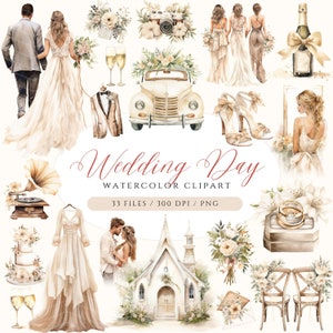 Boho Wedding Clipart, Wedding Day Timeline Clipart, Watercolor Wedding Clipart Bundle, Rustic Wedding PNG, Bride Clipart, Wedding Venue