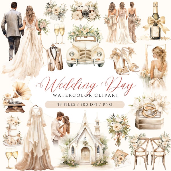 Clipart mariage bohème, jour du mariage des cliparts, Bundle de cliparts mariage aquarelle, mariage rustique PNG, Clipart mariée, lieu de mariage