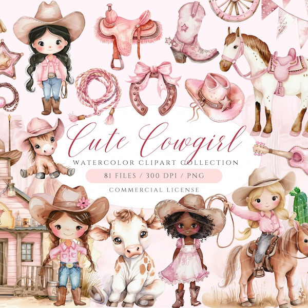 Clipart cow-girl mignon, cow-girl rose PNG, lot de cliparts vache fille bébé, Far West, cow-boy PNG bottes de cow-girl, clipart Western, baby shower