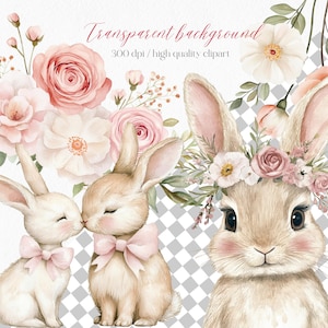 K&ouml;nnte beinhalten: Aquarell-Illustration von drei Hasen mit floralen Akzenten. Zwei Hasen k&uuml;ssen sich, mit rosa Schleifen. Der dritte Hase tr&auml;gt einen Blumenkranz. Der Text im Bild lautet: "Transparent background" und "300 dpi / high quality clipart."