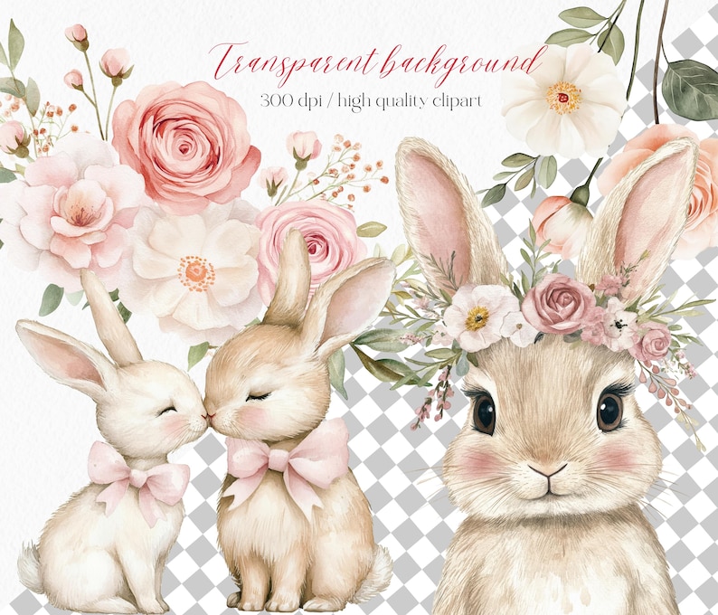 K&ouml;nnte beinhalten: Aquarell-Illustration von drei Hasen mit floralen Akzenten. Zwei Hasen k&uuml;ssen sich, mit rosa Schleifen. Der dritte Hase tr&auml;gt einen Blumenkranz. Der Text im Bild lautet: "Transparent background" und "300 dpi / high quality clipart."