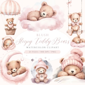 Rosa Teddy Bear Clipart Sleepy Teddy Bear Cute Bear PNG Baby Bear Clipart Teddy Baby Shower Clipart Bundle Acquerello Teddy Bear Bundle, TB