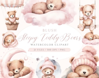 Pink Teddy Bear Clipart Sleepy Teddy Bear Cute Bear PNG Baby Bear Clipart Teddy Baby Shower Clipart Bundle Watercolor Teddy Bear Bundle, TB