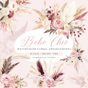 Acquerello Blush Boho Floral Clipart, Disposizione floreale Boho rosa pallido, Clipart di fiori secchi, Erba di Pampa PNG, Clipart di rose rosa