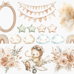 May include: A watercolor illustration set featuring a cute bear pilot flying a plane, clouds, stars, rainbows, and floral arrangements in a neutral color palette.
