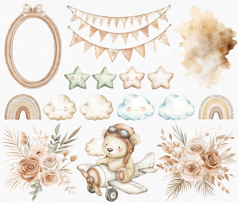 May include: A watercolor illustration set featuring a cute bear pilot flying a plane, clouds, stars, rainbows, and floral arrangements in a neutral color palette.