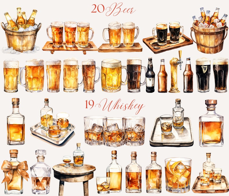 400+ Watercolor Cocktail Clipart Bundle: Mocktail, Champagne, Wine, Beer PNG image 6