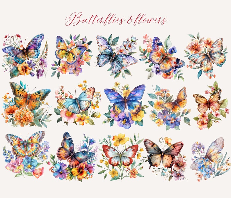 May include: Watercolor illustrations of butterflies and flowers. The image features a collection of colorful butterflies with intricate wing patterns, paired with various floral arrangements. The text "Butterflies & flowers" is at the top.