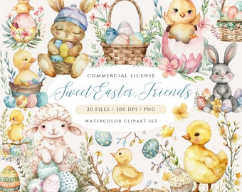 Pastel Easter Animal Clipart: Bunny, Lamb, Chick (PNG Digital Download)