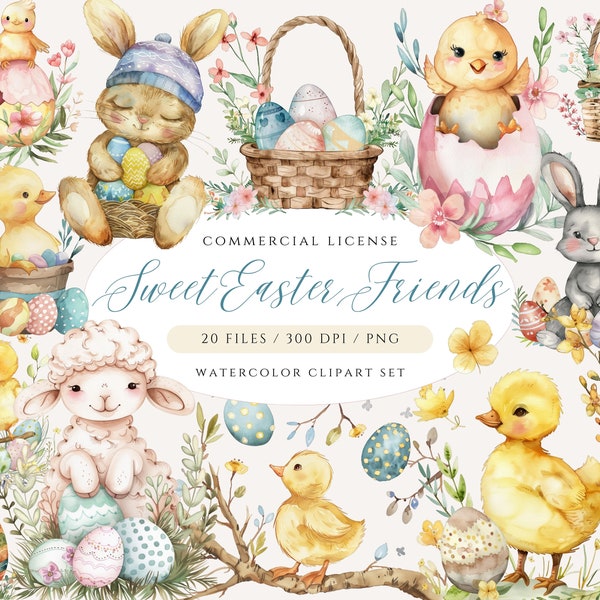 Cute Easter Animal Clipart, Pastel Easter Clipart, Easter Bunny PNG, Baby Animal Clipart, Easter Egg Clipart, Easter Basket, Easter Lamb PNG