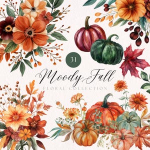 Clipart automne de mauvaise humeur, citrouilles et fleurs aquarelle automne clipart, lot de cliparts citrouille automne, bouquets d'automne, citrouille verte PNG