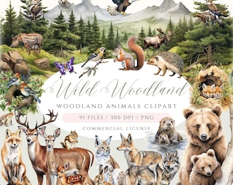 May include: A digital clipart set of 91 watercolor illustrations of woodland animals, including a bear, deer, fox, squirrel, owl, and more. The animals are depicted in a natural setting with trees, mountains, and a stream. The text "Wild Woodland" and "Woodland Animals Clipart" is included in the image.  The text "91 Files / 300 DPI / PNG" and "Commercial License" is also included in the image.