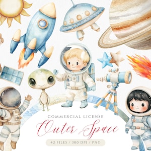Clipart ad acquerello dello spazio, PNG di astronauta, pacchetto di clipart dello spazio, razzo, pianeti, alieni, galassia, cameretta spaziale, compleanno di un astronauta