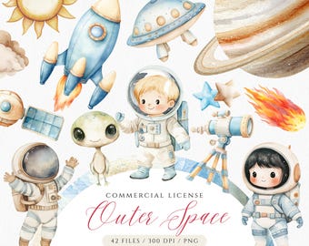 May include: Watercolor illustrations of outer space elements, including a rocket, astronaut, alien, planets, stars, and a telescope. The illustrations are in a whimsical style and are perfect for children's crafts, scrapbooking, or digital design projects.  The text "COMMERCIAL LICENSE Outer Space 42 FILES / 300 DPI / PNG" is included in the image.