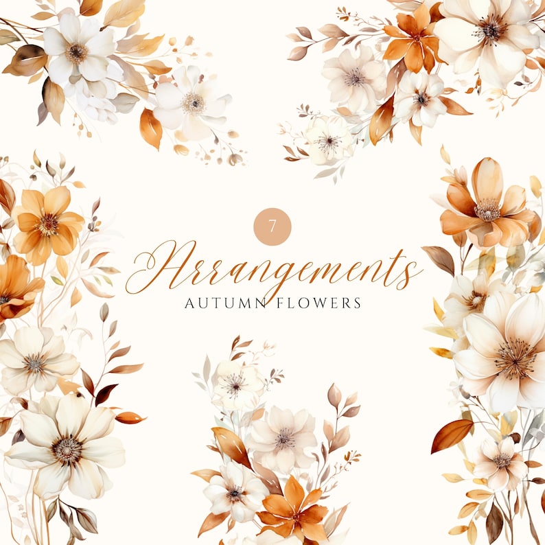 Pode incluir: Sete arranjos de aquarela de flores de outono em tons de marrom, branco e laranja. As flores s&atilde;o organizadas em uma variedade de estilos, algumas com folhas e outras sem. O texto "Arrangements" e "Flores de outono" est&aacute; escrito em cursiva.