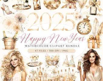 Watercolor New Year Clipart: Boho Neutral 2024 PNG (Digital Download)