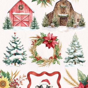 May include: Watercolor illustrations of Christmas and farm-themed elements. Includes red barns, snow-covered Christmas trees, poinsettias, wheat, and a cow wearing a Santa hat. Festive and seasonal.