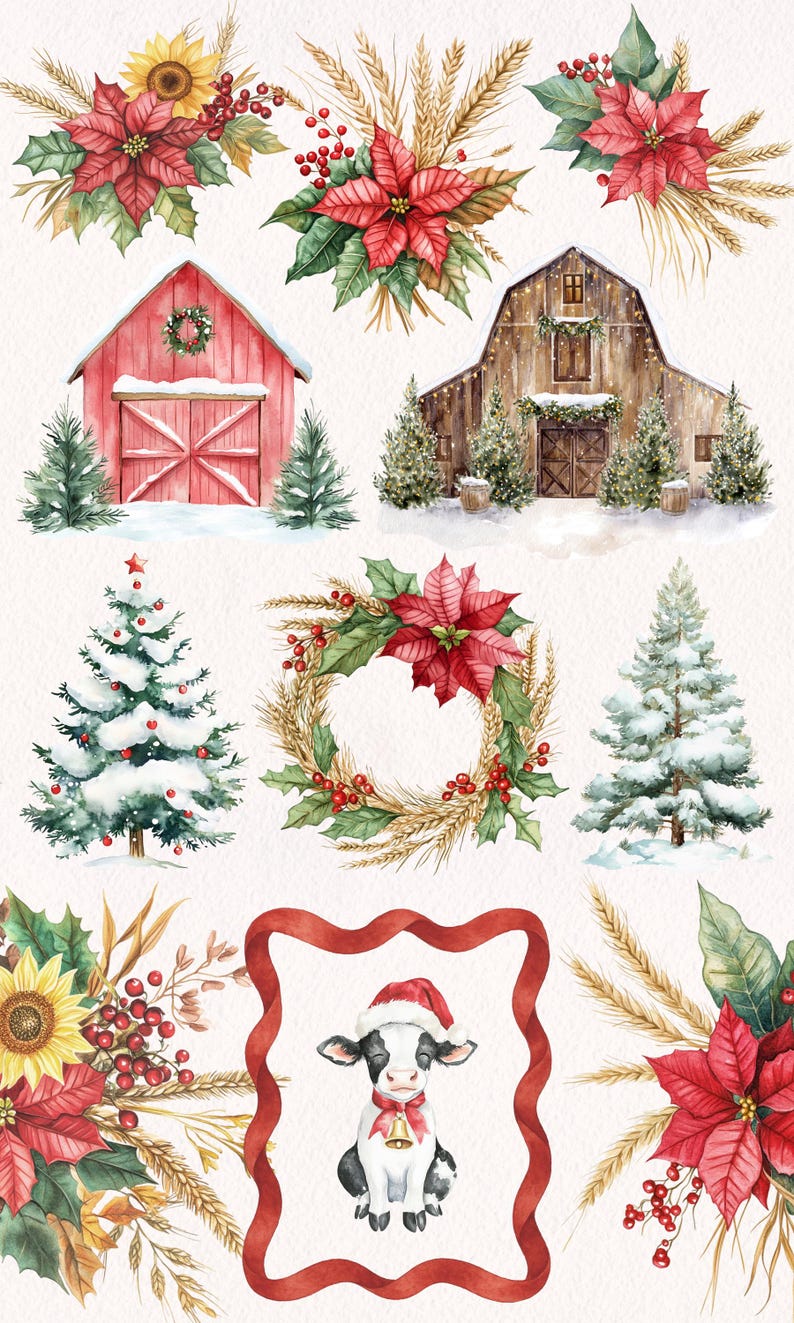 May include: Watercolor illustrations of Christmas and farm-themed elements. Includes red barns, snow-covered Christmas trees, poinsettias, wheat, and a cow wearing a Santa hat. Festive and seasonal.