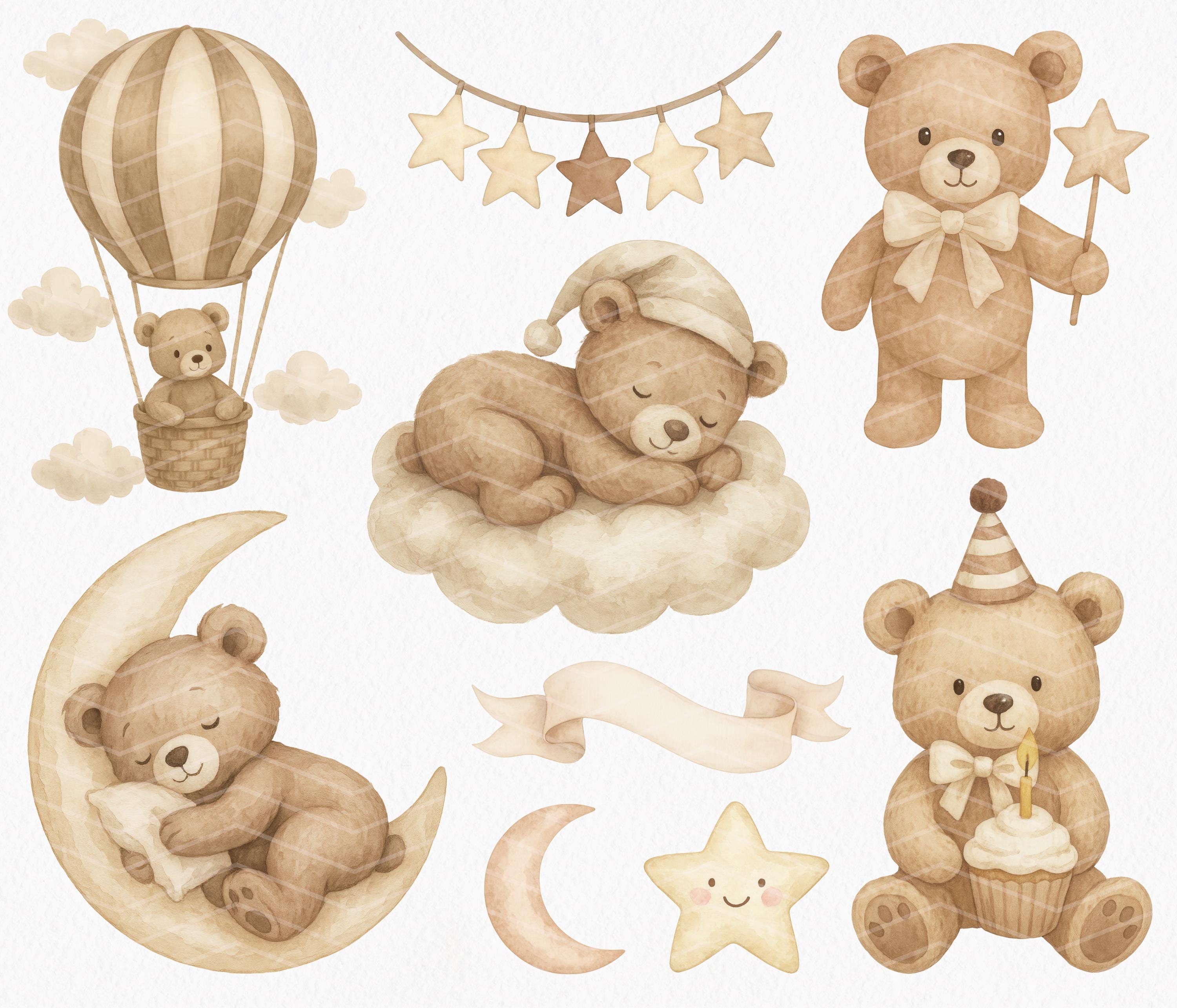 Watercolor Brown Teddy Bear Clipart: Boho Baby Shower Illustrations ...