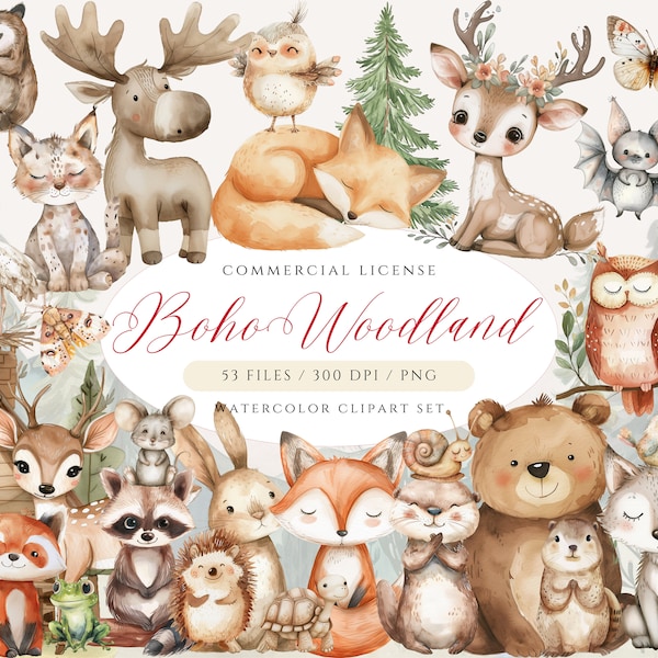 Clipart Woodland Boho, clipart mignon animaux des bois, bébés animaux, clipart Woodland baby shower, pépinière des bois, animaux de la forêt Boho