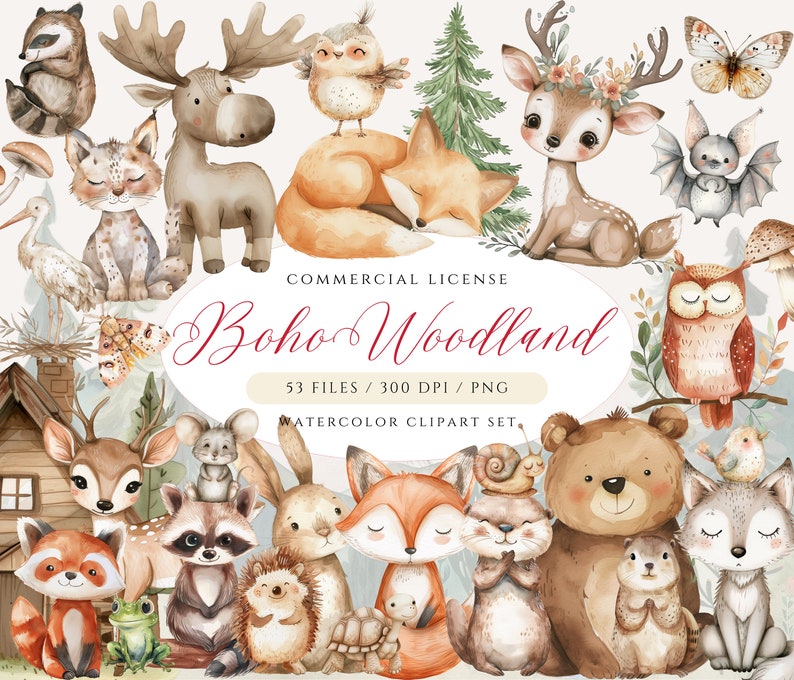 Clipart Woodland Boho, clipart mignon animaux des bois, bébés animaux, clipart Woodland baby shower, pépinière des bois, animaux de la forêt Boho image 1