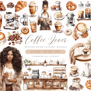 Clipart café aquarelle, PNG amateur de café, grains de café, clipart barista, clipart pâtisserie, clipart café, café italien, livres et café