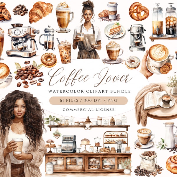 Watercolor Coffee Clipart, Coffee Lover PNG, Coffee Beans, Barista Clipart, Pastry Clipart, Cafe Clipart, Italian Cafe, Books and Coffee