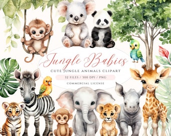 Clipart animaux mignons de la jungle, Safari bébé animal PNG, Clipart Animal aquarelle, Clipart baby shower, Lion tigre singe girafe, Safari mignon