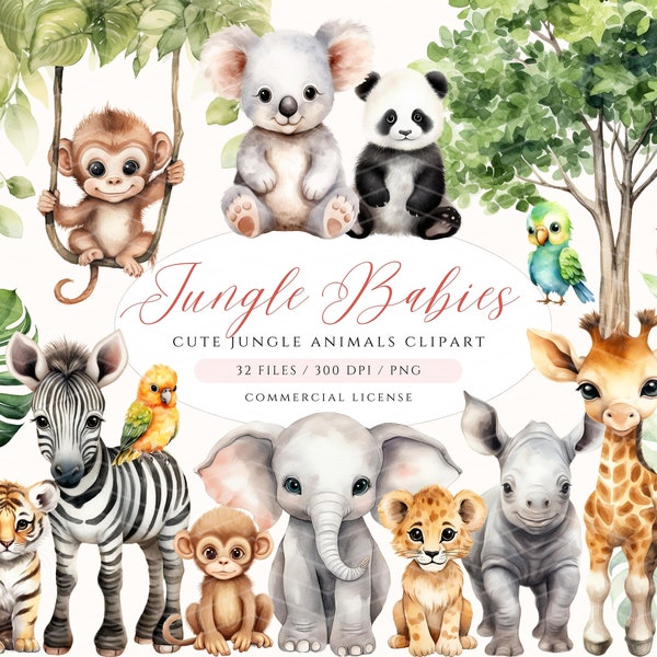 Clipart di simpatici animali della giungla, Safari Baby Animal PNG, Clipart animali dell'acquerello, Baby Shower Clipart, Leone Tigre Scimmia Girrafe, Safari carino