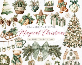 May include: Watercolor illustrations of Christmas decorations and elements, including a Christmas tree, ornaments, gingerbread man, and gifts. The text "Magical Christmas" is displayed in cursive. The color palette includes green, white, and brown.