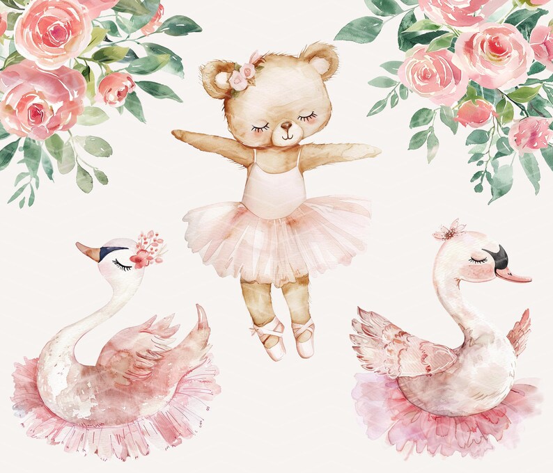 May include: A watercolor illustration of a brown teddy bear wearing a pink tutu and ballet shoes, with two pink swans wearing tutus on either side of the bear.