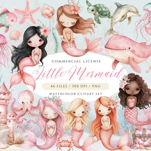 Little Mermaid Clipart, Cute Mermaid PNG, Pink Mermaid, Under the Sea Clipart, Watercolor Mermaid image 1