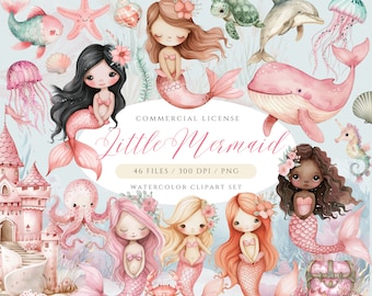 Peut inclure: Un ensemble de 46 images clipart aquarelle représentant des sirènes, des créatures marines et des scènes sous-marines. Les images sont dans des tons roses, bleus et verts et comprennent une sirène aux cheveux bruns, une sirène aux cheveux roses, une sirène aux cheveux blonds, une sirène à la peau brune, une baleine, un hippocampe, une tortue, une méduse, une pieuvre, un château et un coffre au trésor.