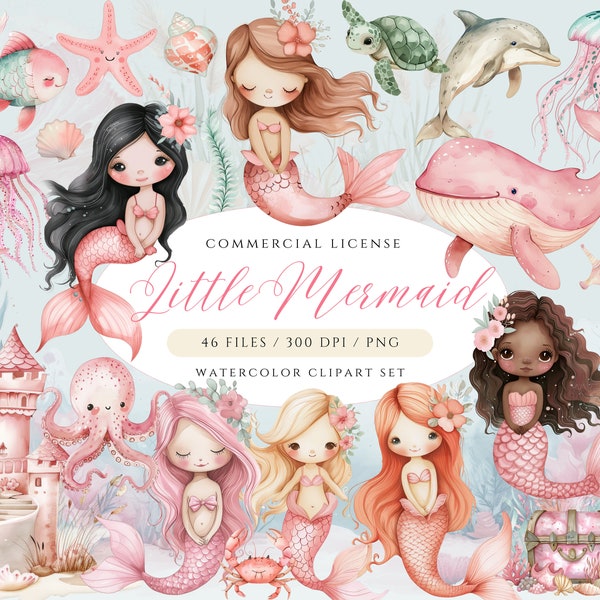 Little Mermaid Clipart, Cute Mermaid PNG, Pink Mermaid, Under the Sea Clipart, Watercolor Mermaid