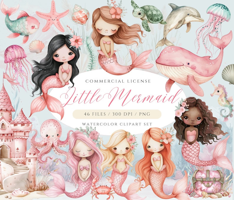 Little Mermaid Clipart, Cute Mermaid PNG, Pink Mermaid, Under the Sea Clipart, Watercolor Mermaid image 1