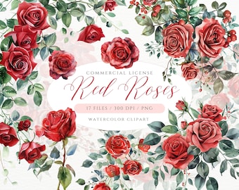 Watercolor Red Roses Clipart, Red Rose Bouquet, Maroon Roses, Wine Rose PNG, Floral Clipart, Floral Bouquet, Rose Petals, Wedding Clipart