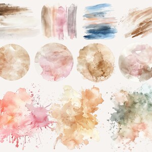 May include: A set of 10 watercolor brushstrokes and splatters in shades of brown, pink, blue, and green. The brushstrokes are in various shapes and sizes, and the splatters are more abstract. These watercolor elements can be used for digital design, scrapbooking, or other creative projects.