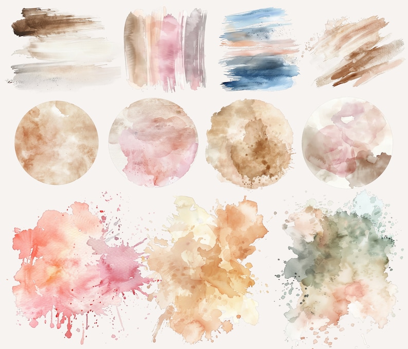 May include: A set of 10 watercolor brushstrokes and splatters in shades of brown, pink, blue, and green. The brushstrokes are in various shapes and sizes, and the splatters are more abstract. These watercolor elements can be used for digital design, scrapbooking, or other creative projects.