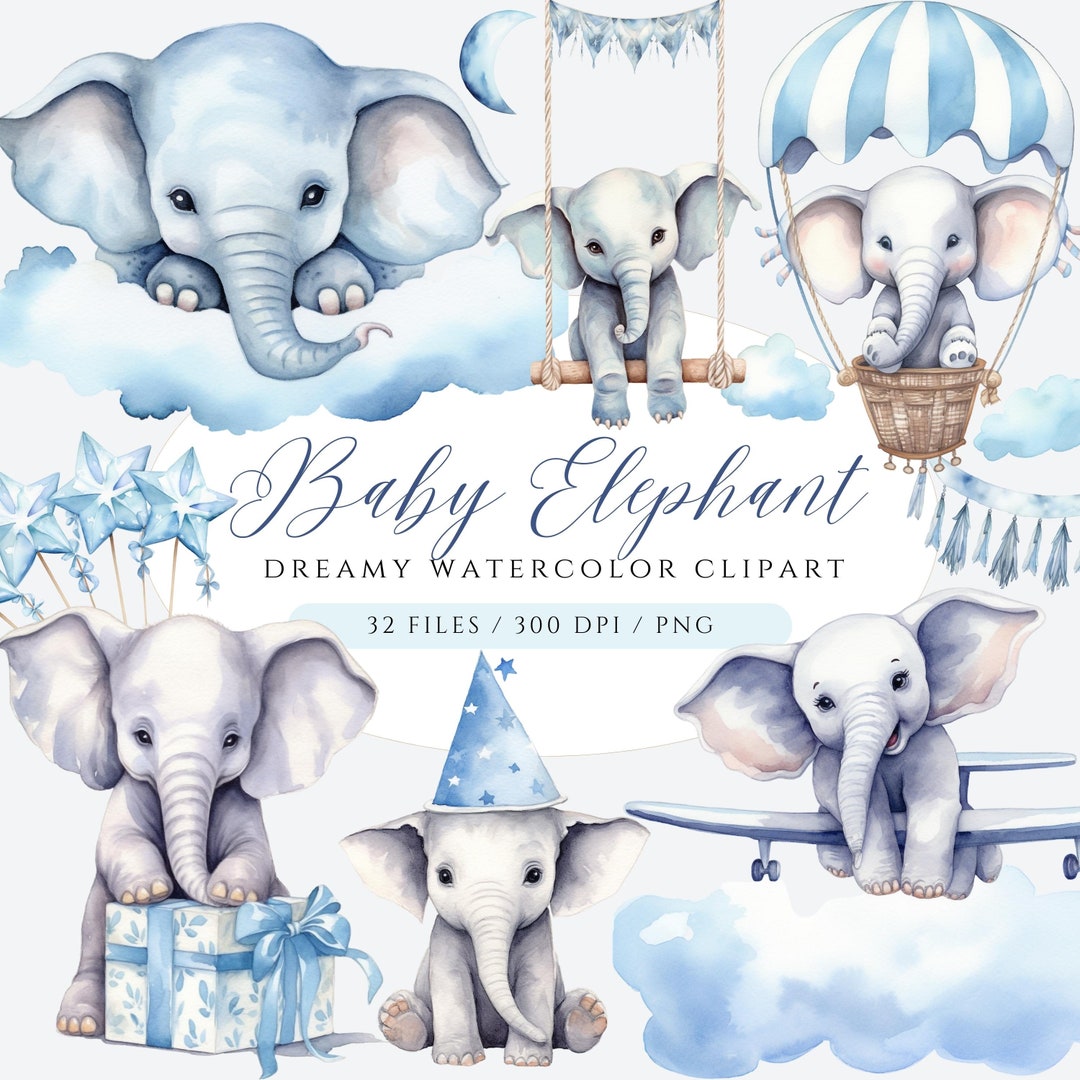 Blue Baby Elephant Watercolor Clipart: 32 PNG Graphics (digital ...