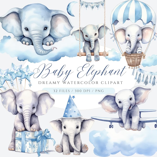 Baby Elephant Clipart, Watercolor Blue Elephant Clipart, Baby Shower Clipart,  Elephant Illustrations, Elephant PNG