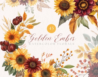 Watercolor Autumn Flowers Clipart: Sunflower, Marigold, Fall Wedding (Digital Download)
