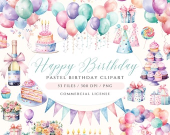 Watercolor Pastel Birthday Clipart Bundle Birthday Party Clipart Balloon Clipart Collection Birthday Cake PNG Happy Birthday Clipart Balloon
