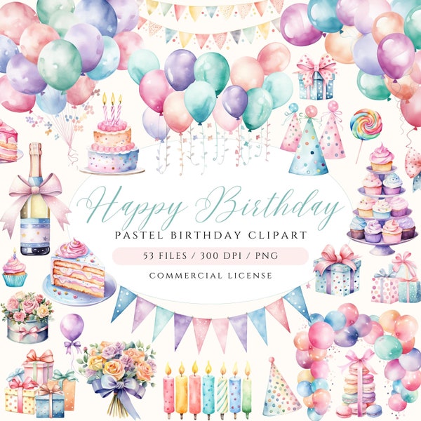 Watercolor Pastel Birthday Clipart Bundle Birthday Party Clipart Balloon Clipart Collection Birthday Cake PNG Happy Birthday Clipart Balloon